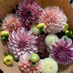 Image of peach and lavender floral bouquet.